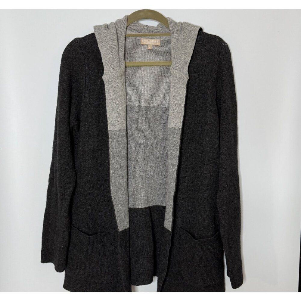 Bendetta B Merino Wool Cashmere Blend Gray Color Block Hooded Cardigan Medium